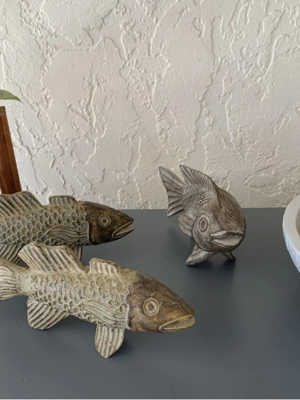 None set of 3 coastal fish figurines – rustic nautical beach home decor charming set of three coastal fish sculptures with a distressed